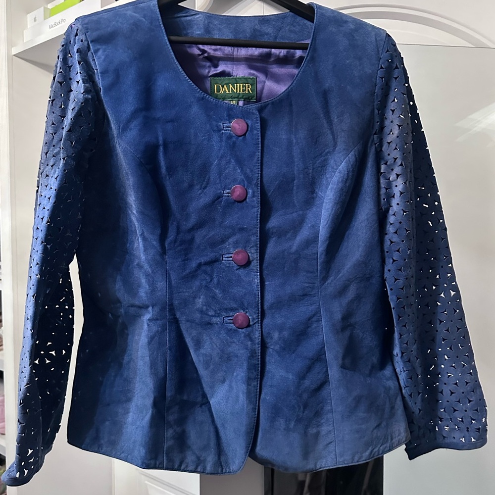 Women's Navy Suede Open-Front Jacket with Laser-Cut Sleeves - Picture 2 of 5